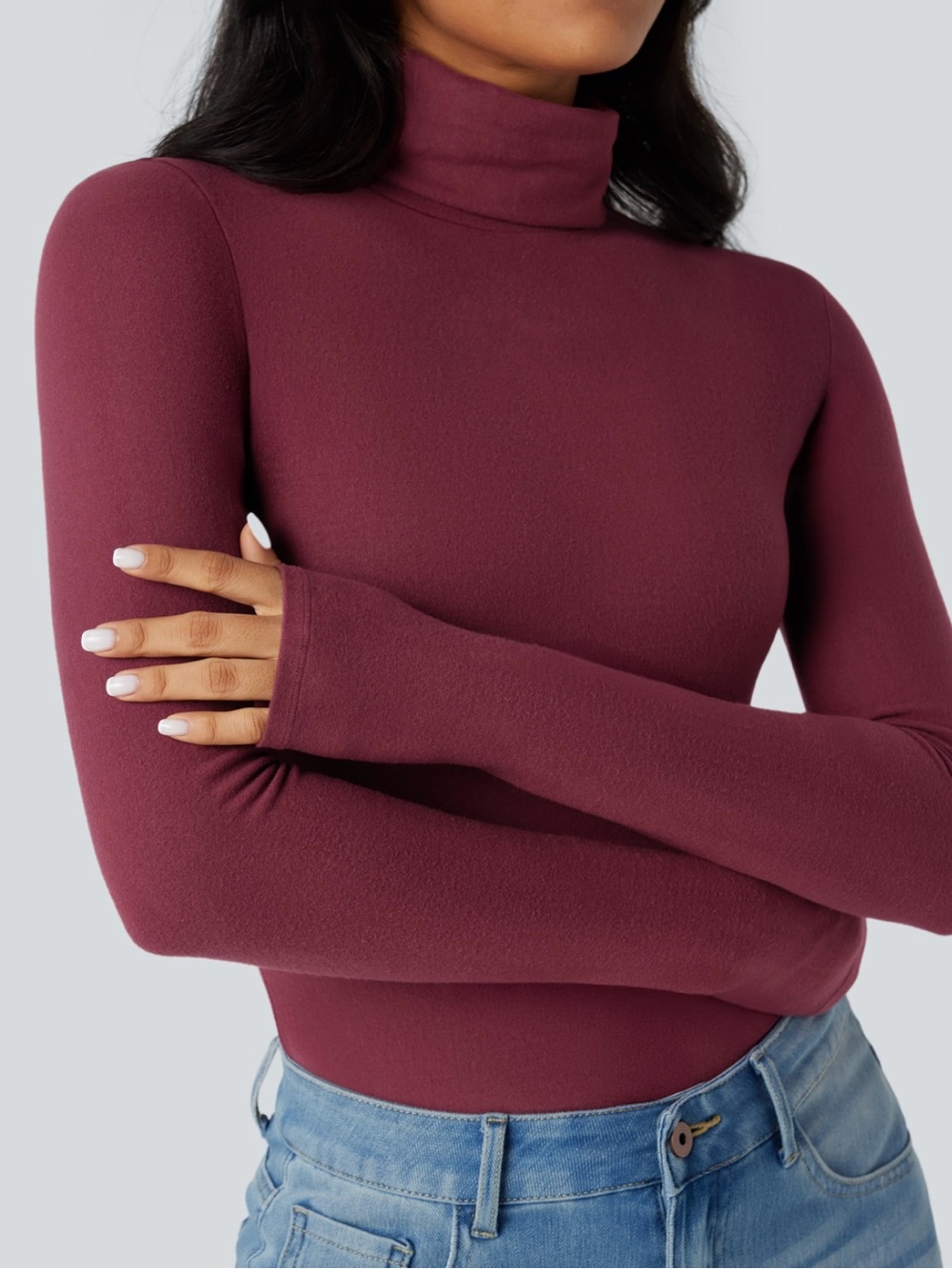 HALARA Fitted Turtle Neck Long Sleeve Top in Wine Red